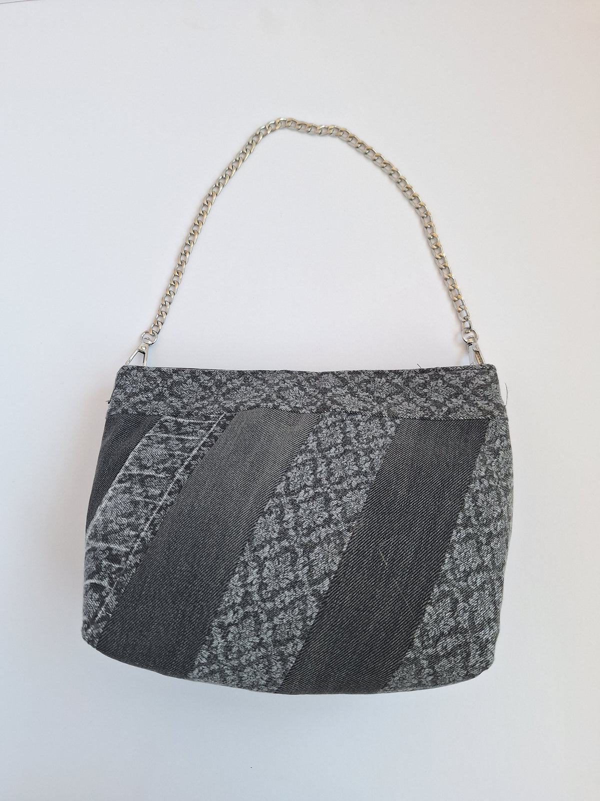 Grey upcycled denim chain strap bag