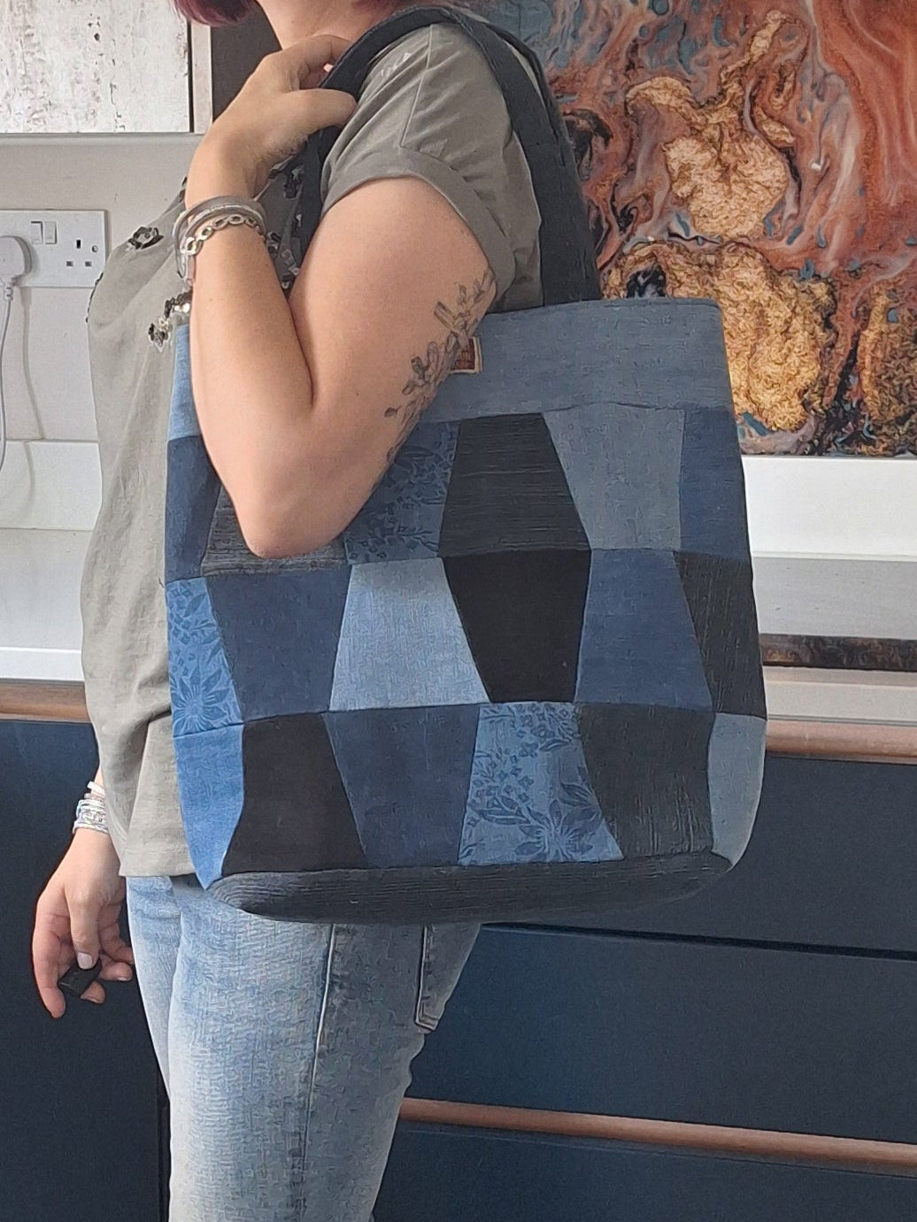 Blue denim patchwork tote