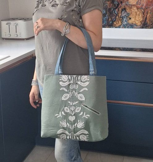 Green & blue embroidered denim tote bag