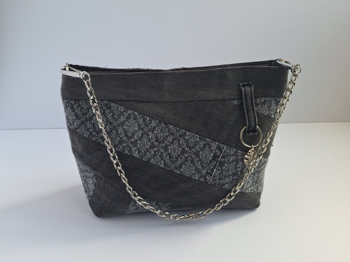 Grey upcycled denim chain strap bag