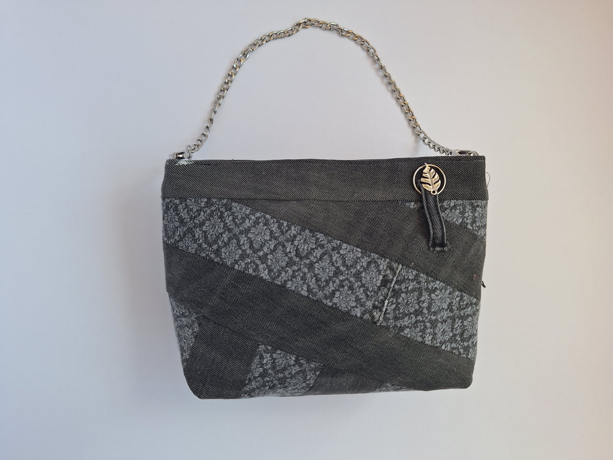 Grey upcycled denim chain strap bag