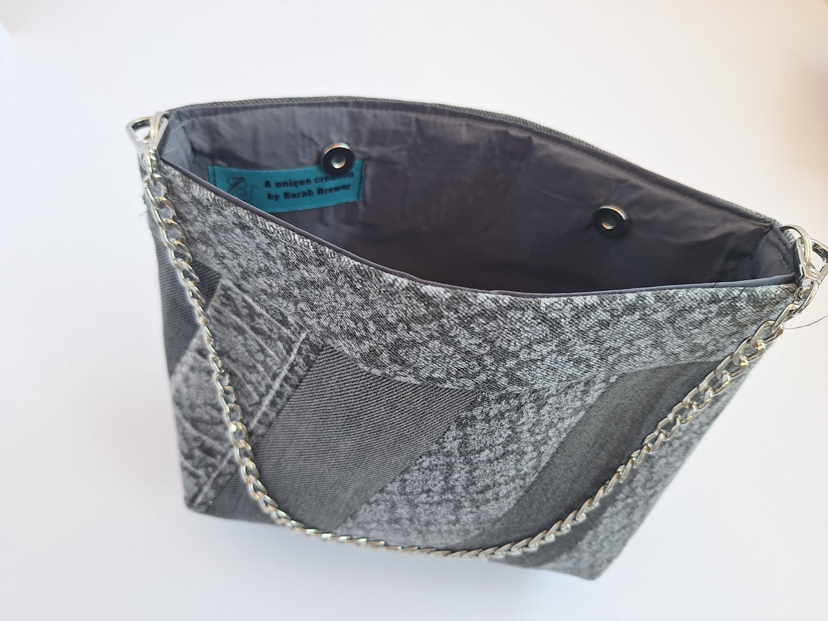Grey upcycled denim chain strap bag