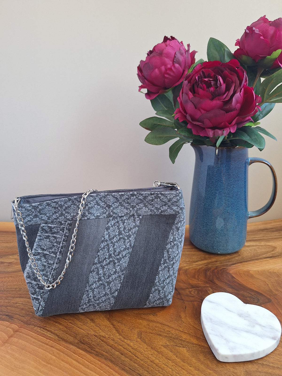 Grey upcycled denim chain strap bag