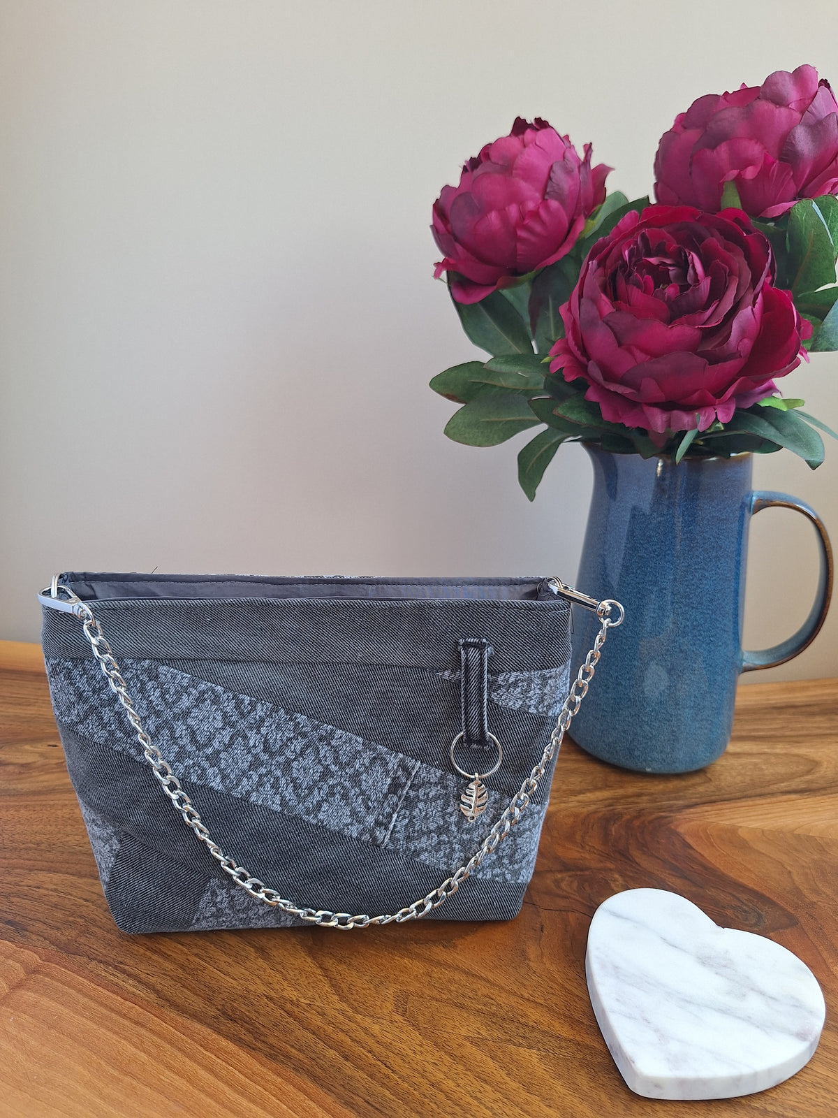 Grey upcycled denim chain strap bag