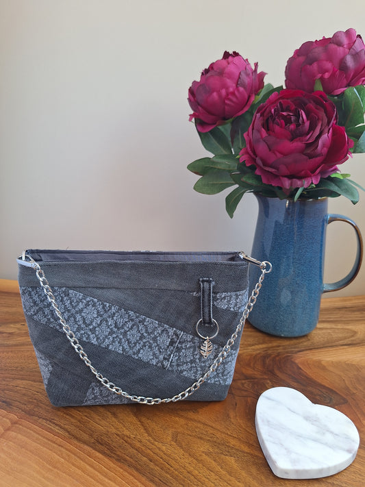 Grey upcycled denim chain strap bag