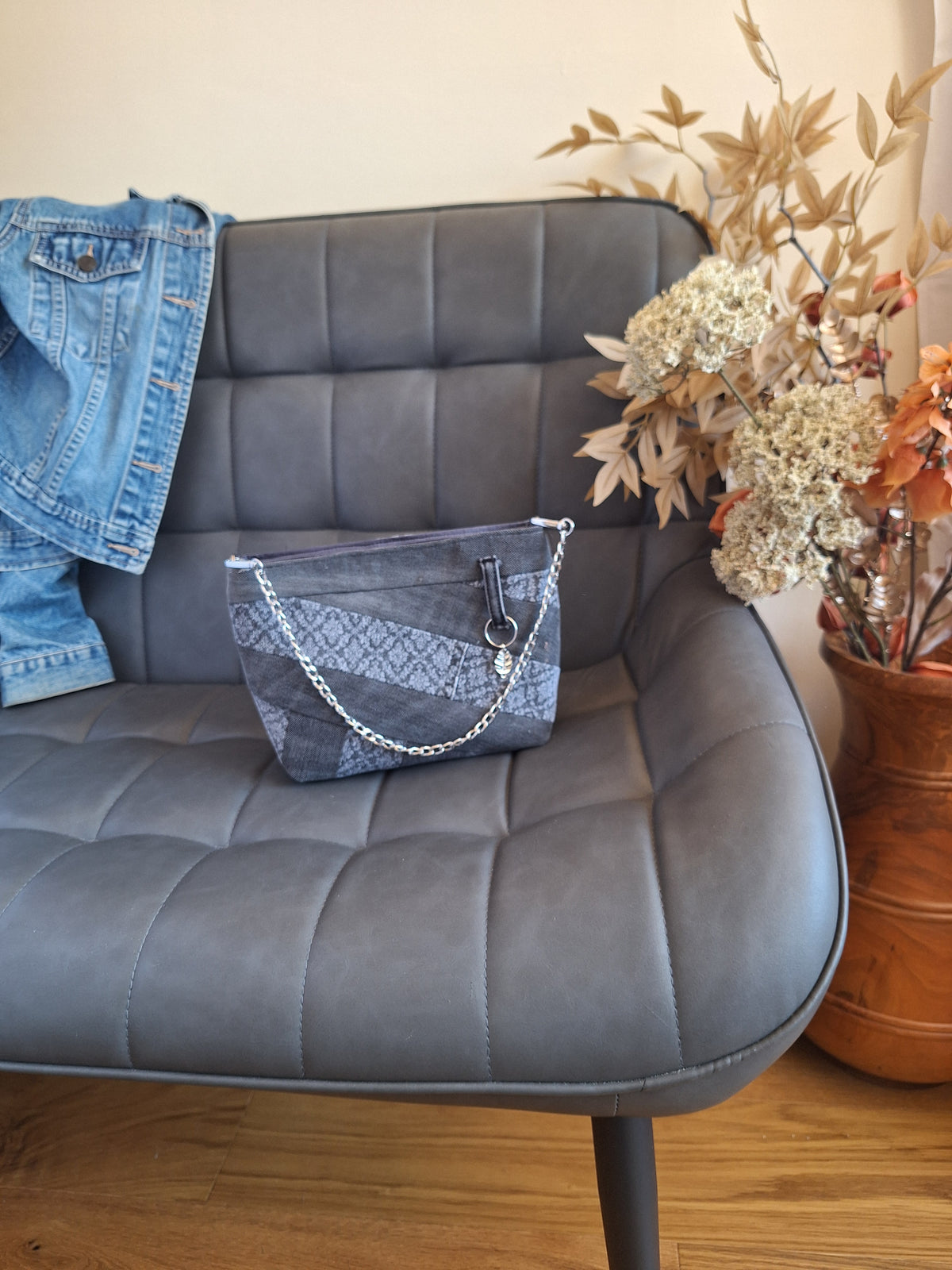 Grey upcycled denim chain strap bag