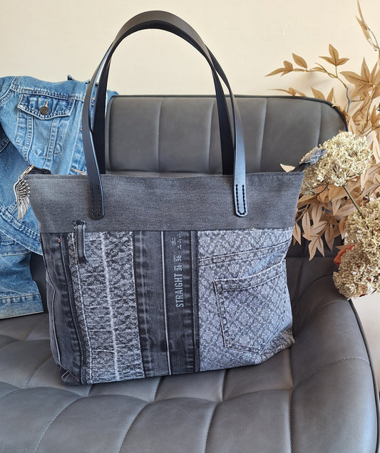 Grey denim zip top tote