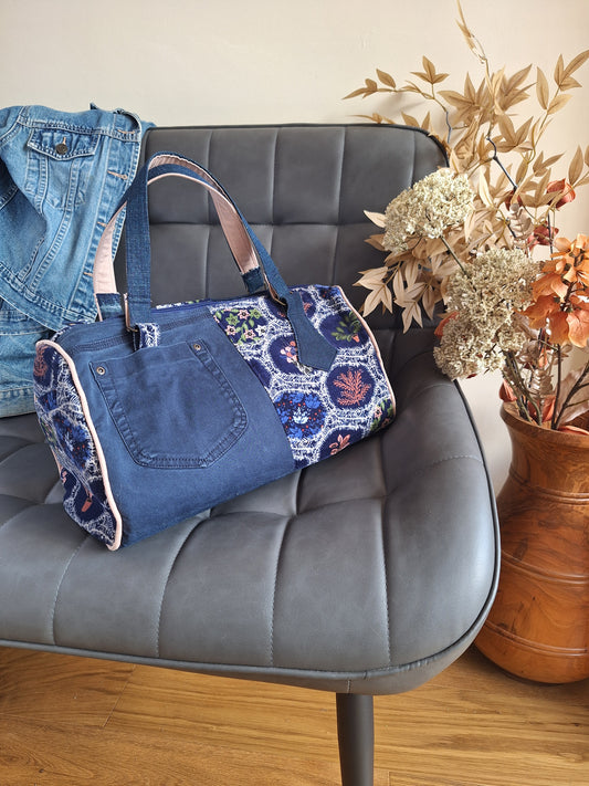 Blue denim & floral velvet holdall