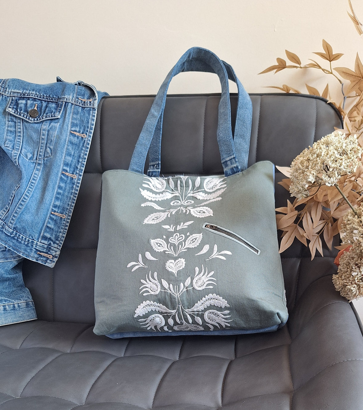 Green & blue embroidered denim tote bag
