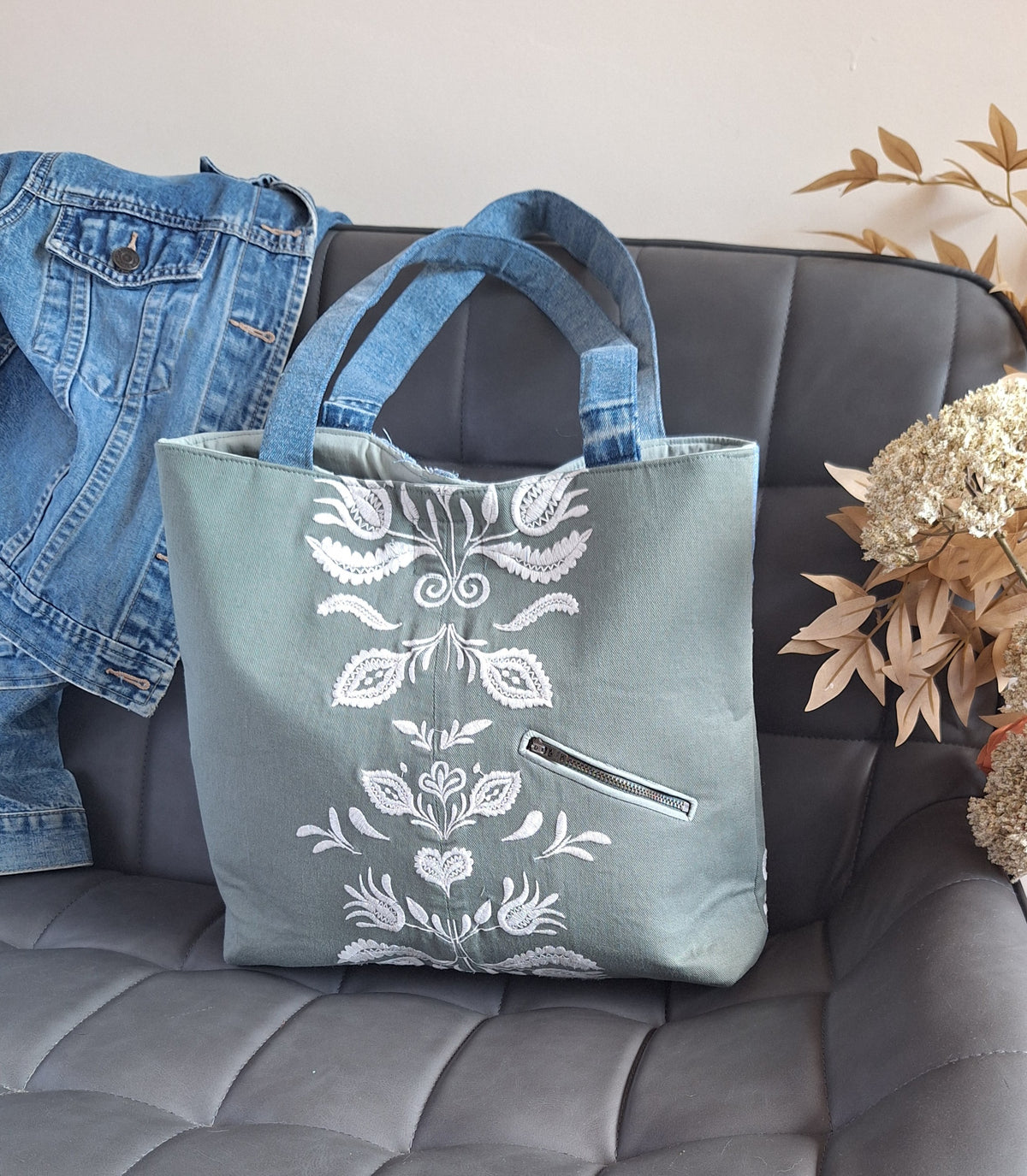 Green & blue embroidered denim tote bag
