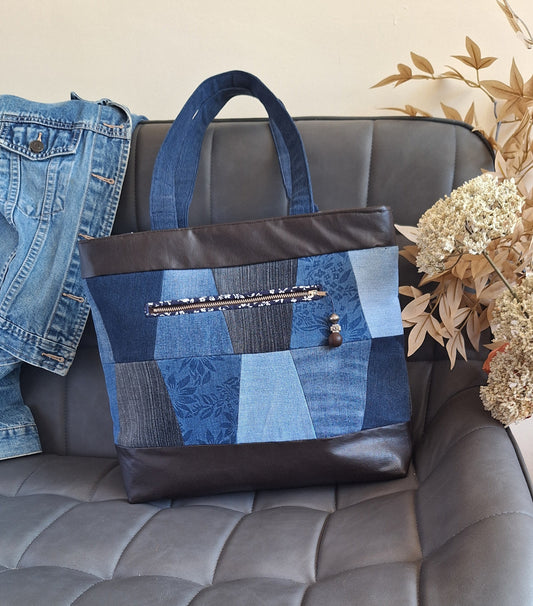 Blue & brown patchwork tote
