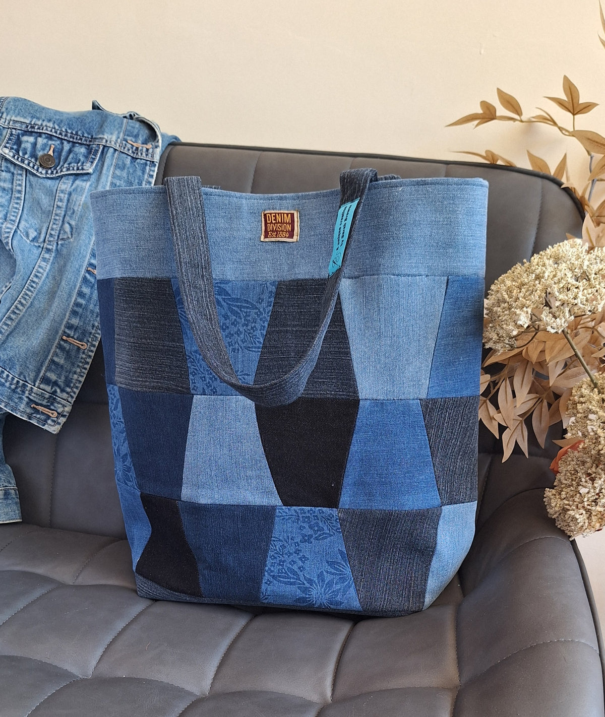 Blue denim patchwork tote