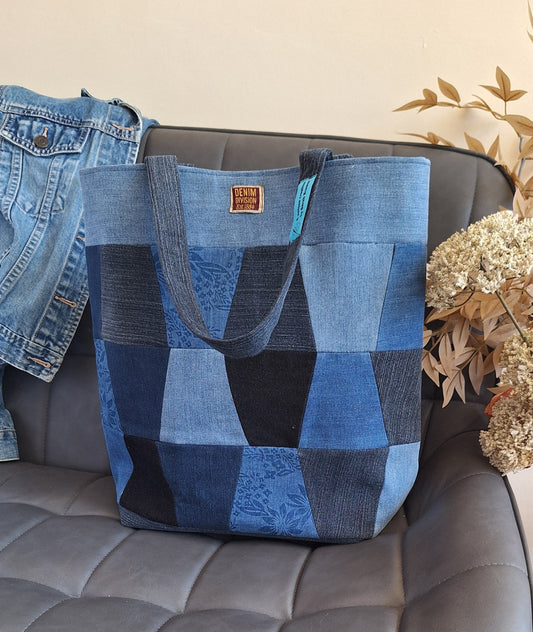 Blue denim patchwork tote