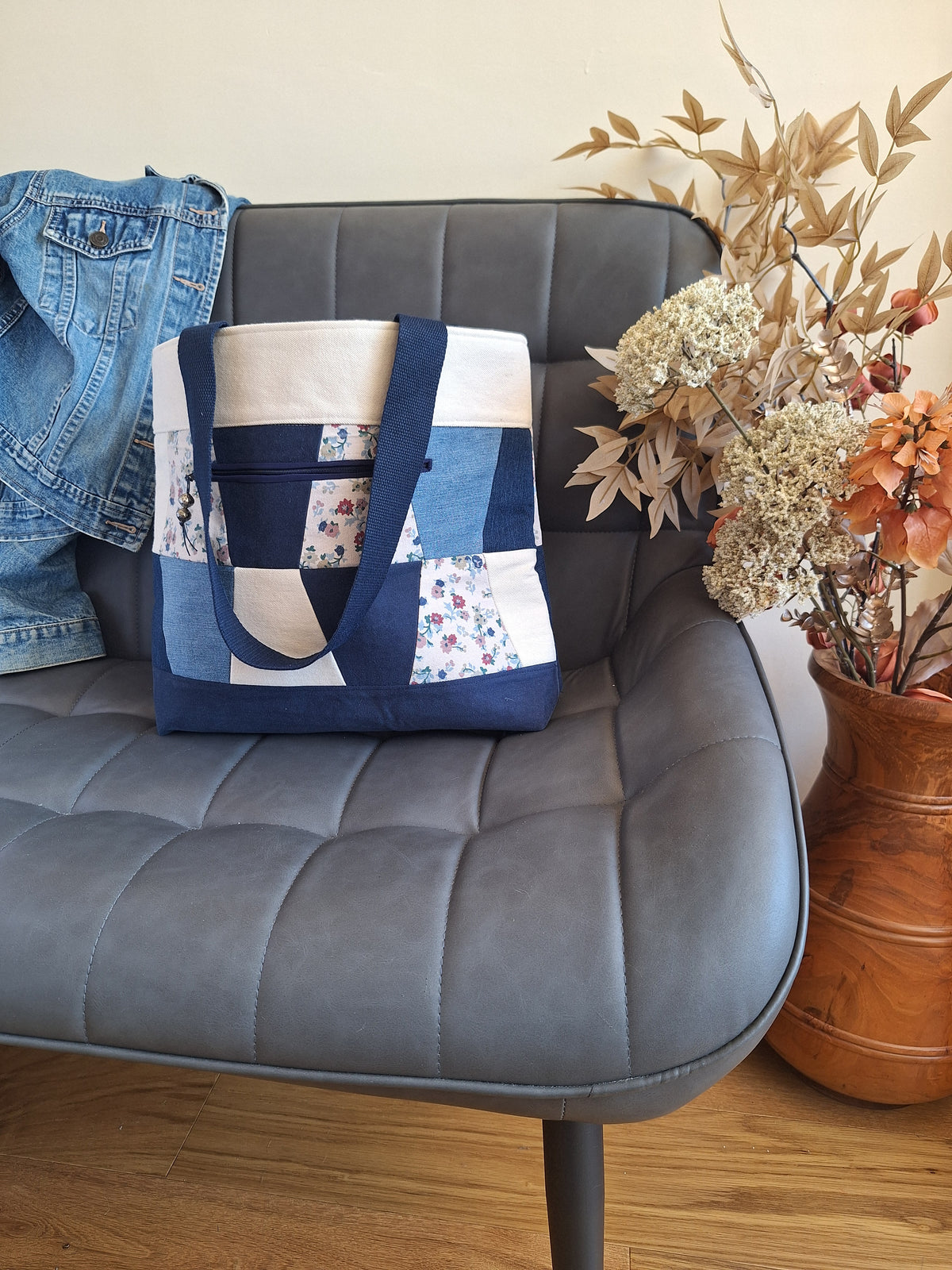 Patchwork denim tote with floral print
