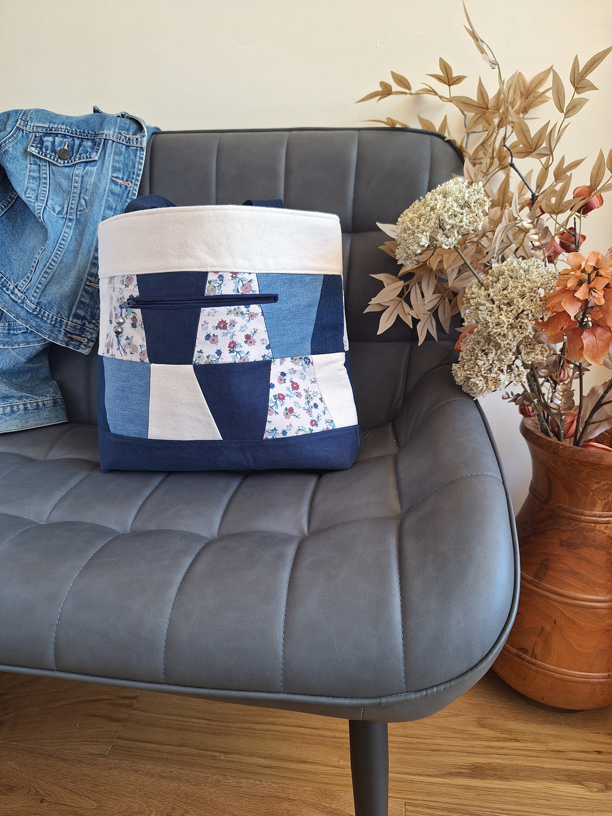 Patchwork denim tote with floral print