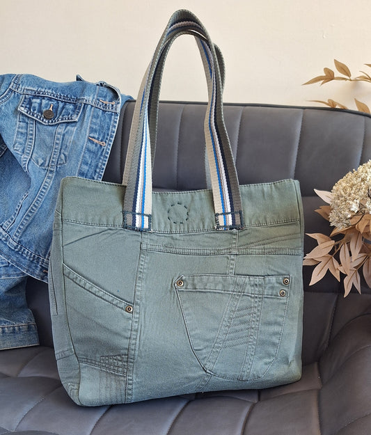 Olive green upcycled denim tote