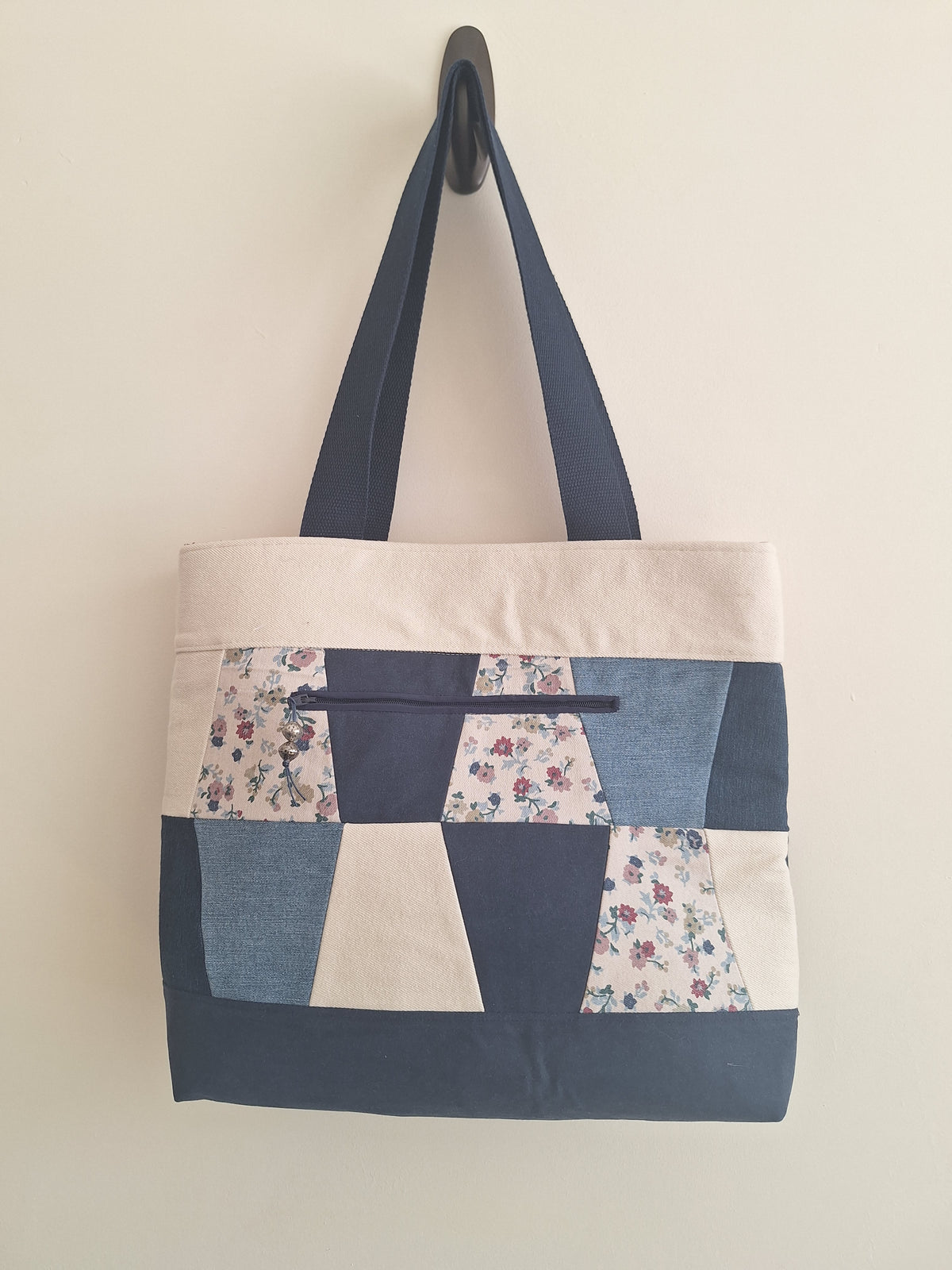 Patchwork denim tote with floral print