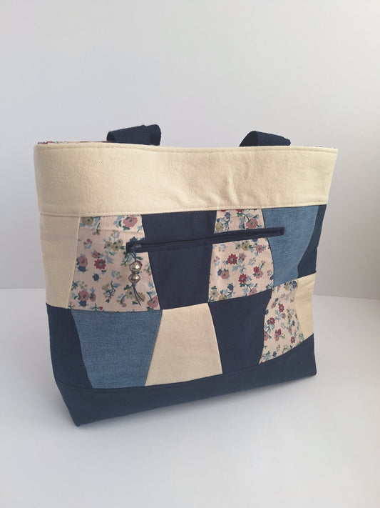 Patchwork denim tote with floral print