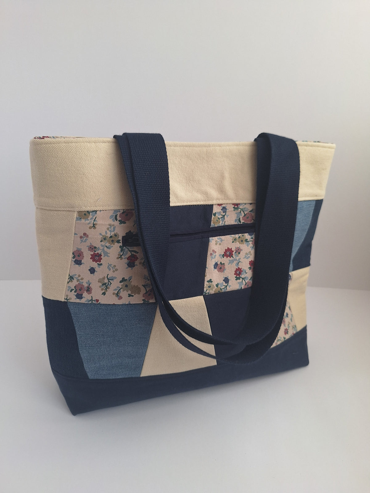 Patchwork denim tote with floral print