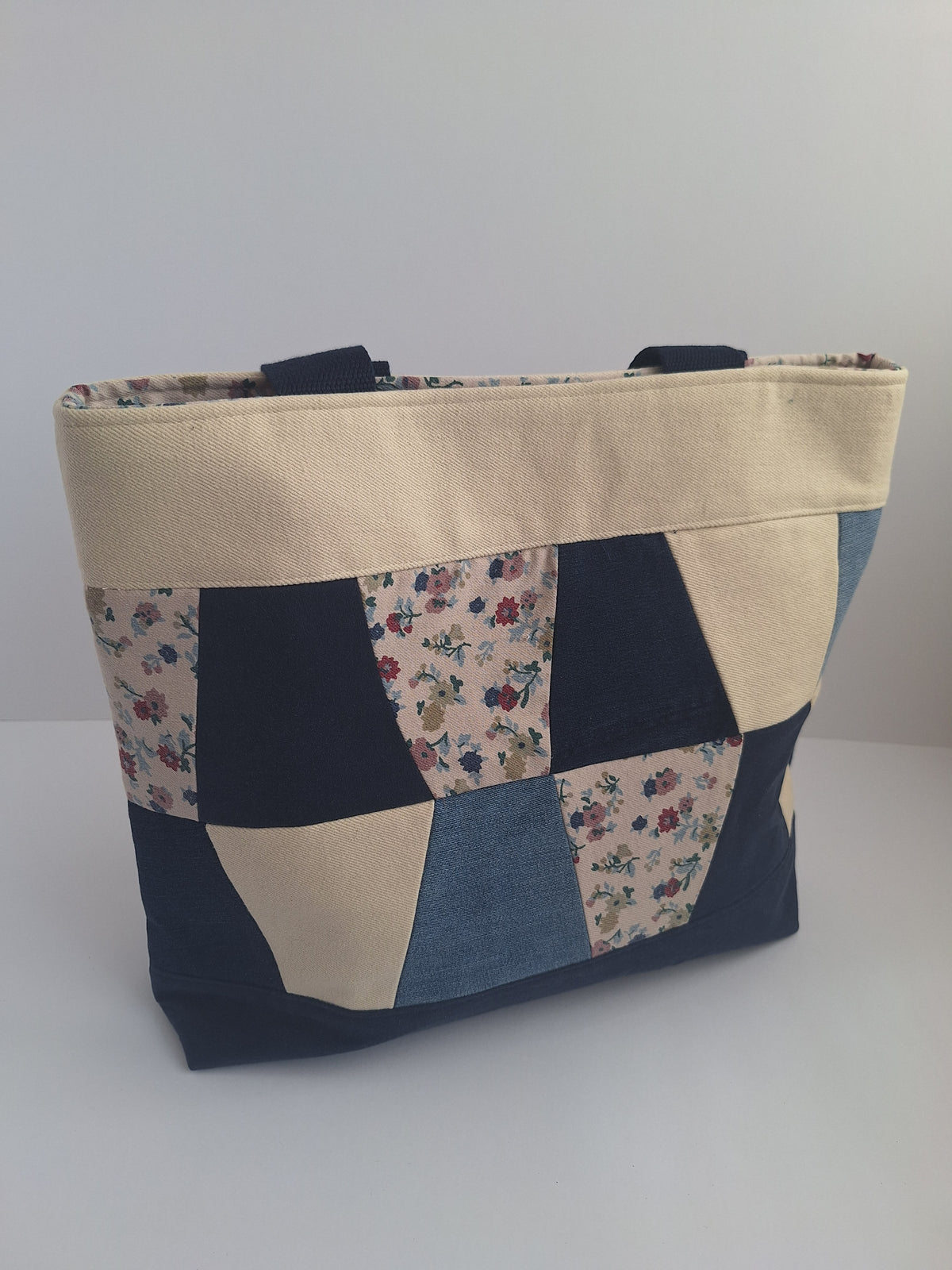 Patchwork denim tote with floral print