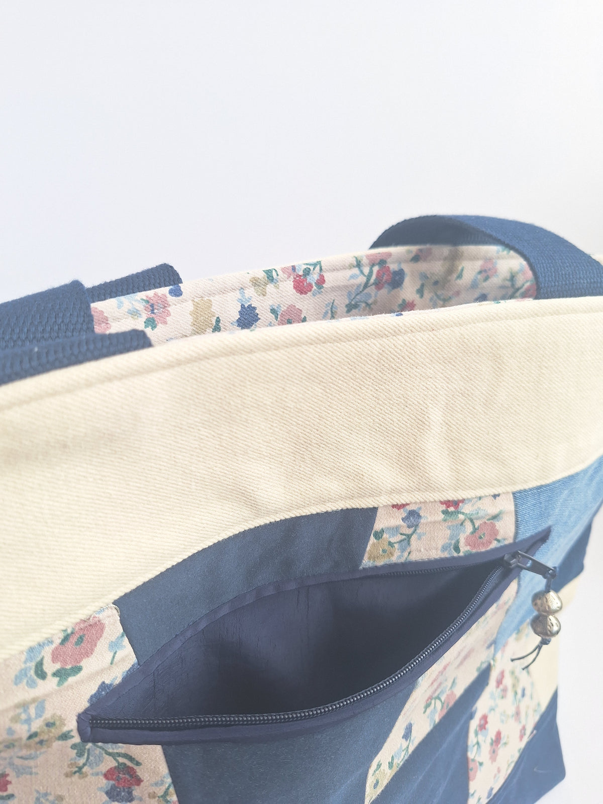 Patchwork denim tote with floral print