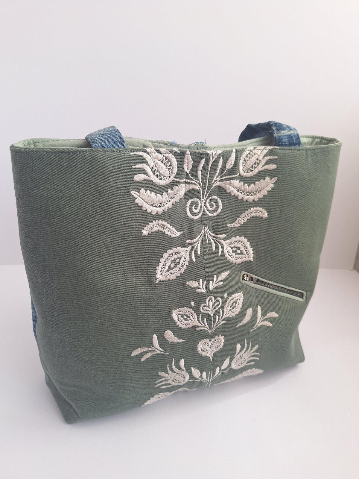 Green & blue embroidered denim tote bag