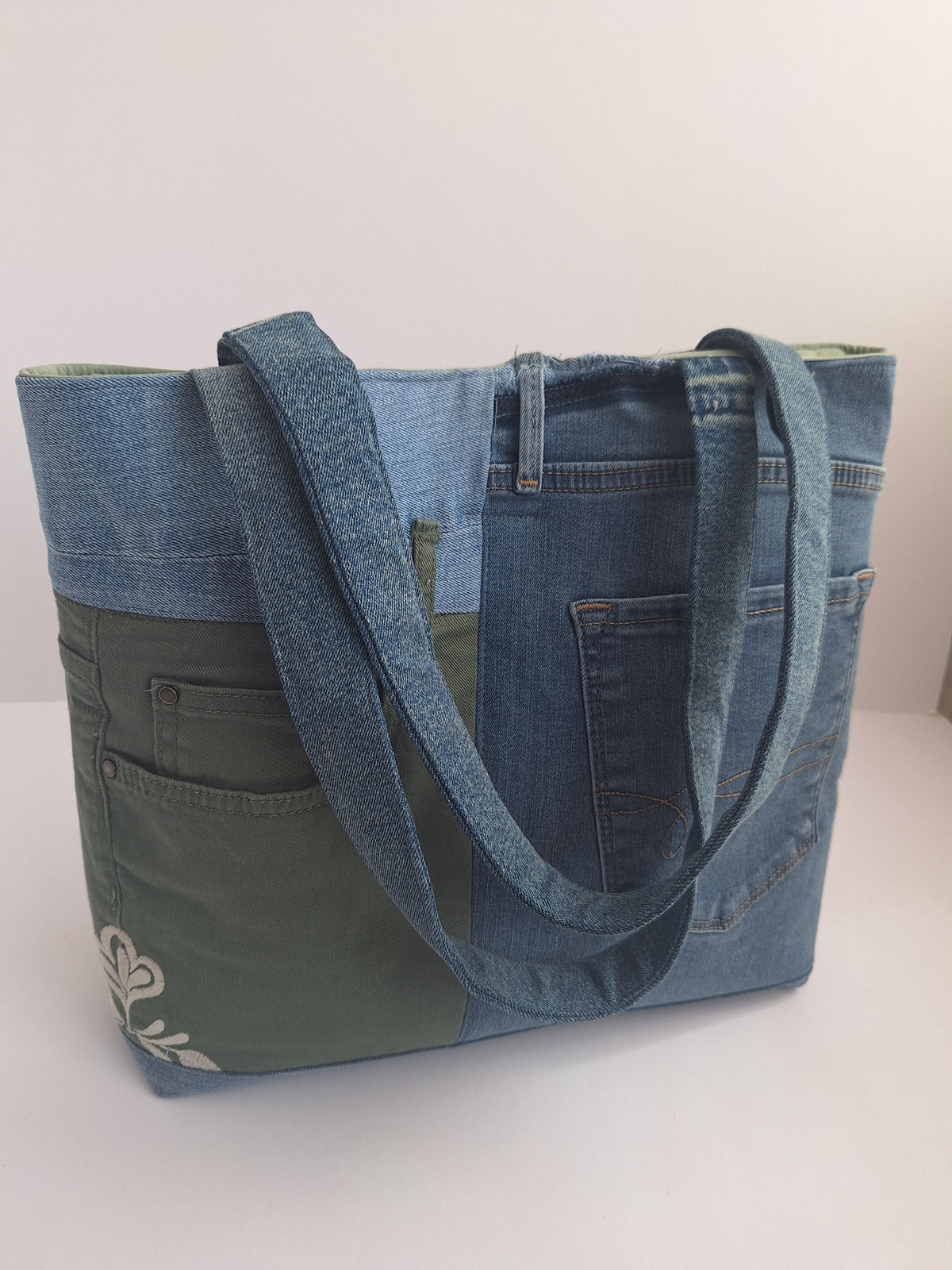 Green & blue embroidered denim tote bag