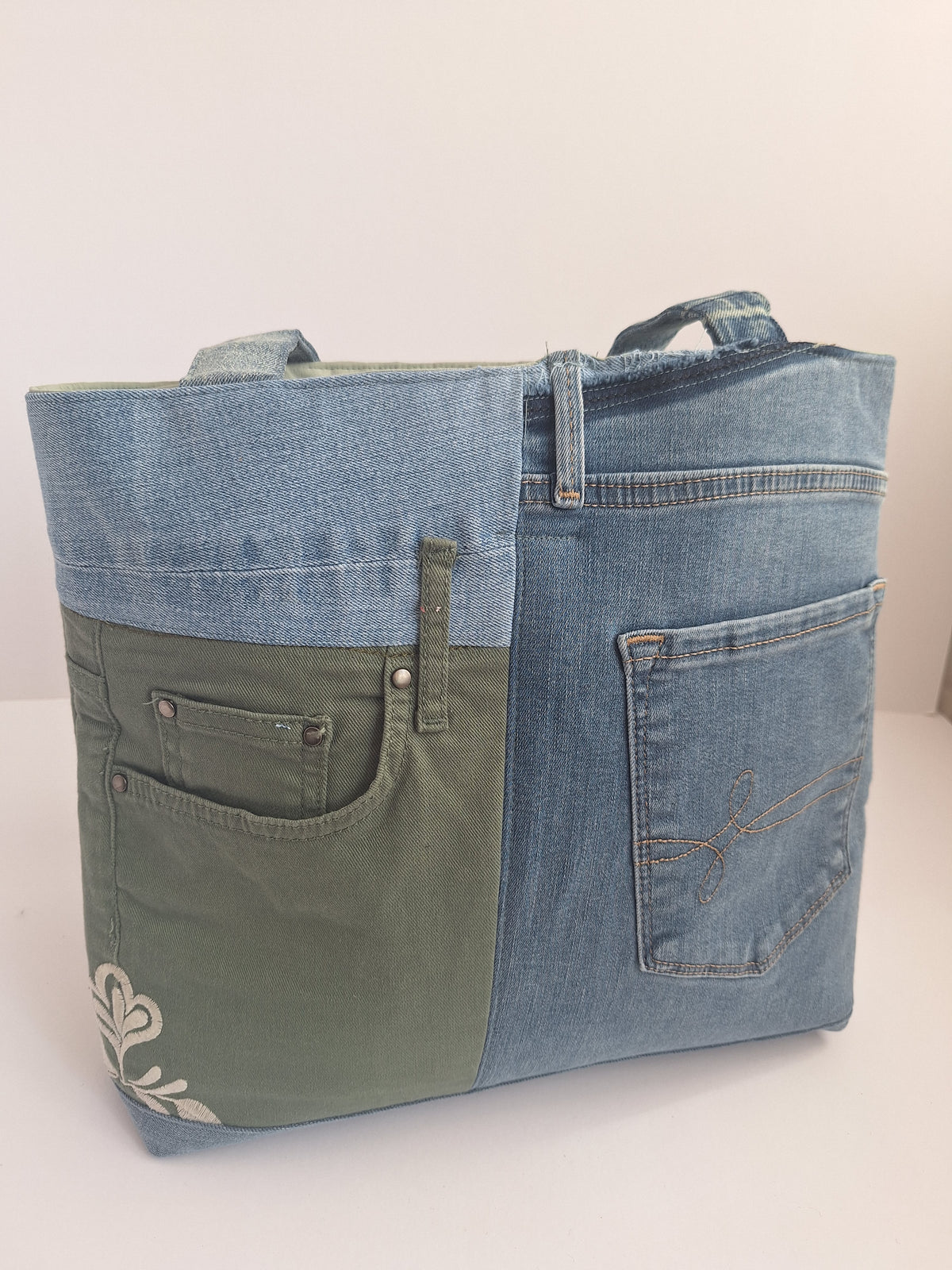 Green & blue embroidered denim tote bag