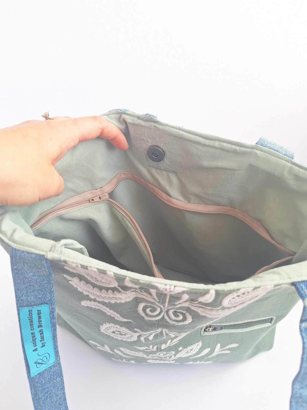 Green & blue embroidered denim tote bag