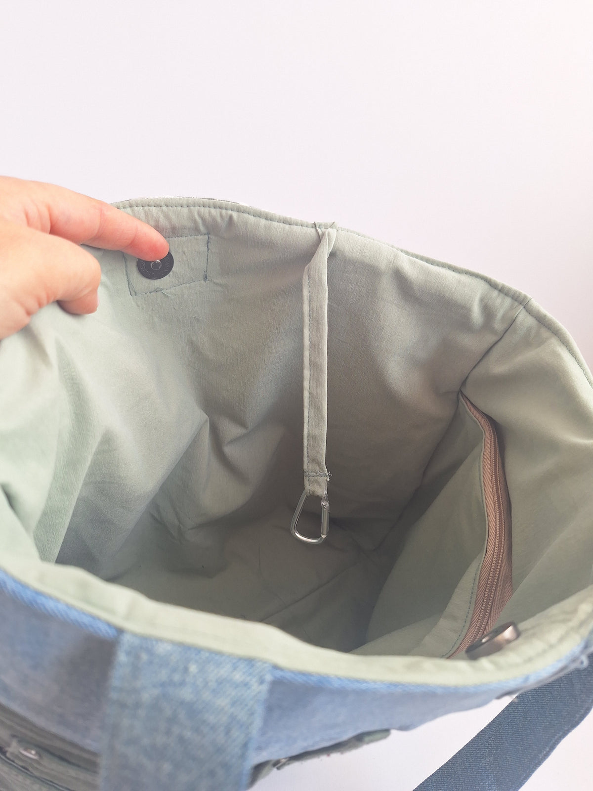 Green & blue embroidered denim tote bag