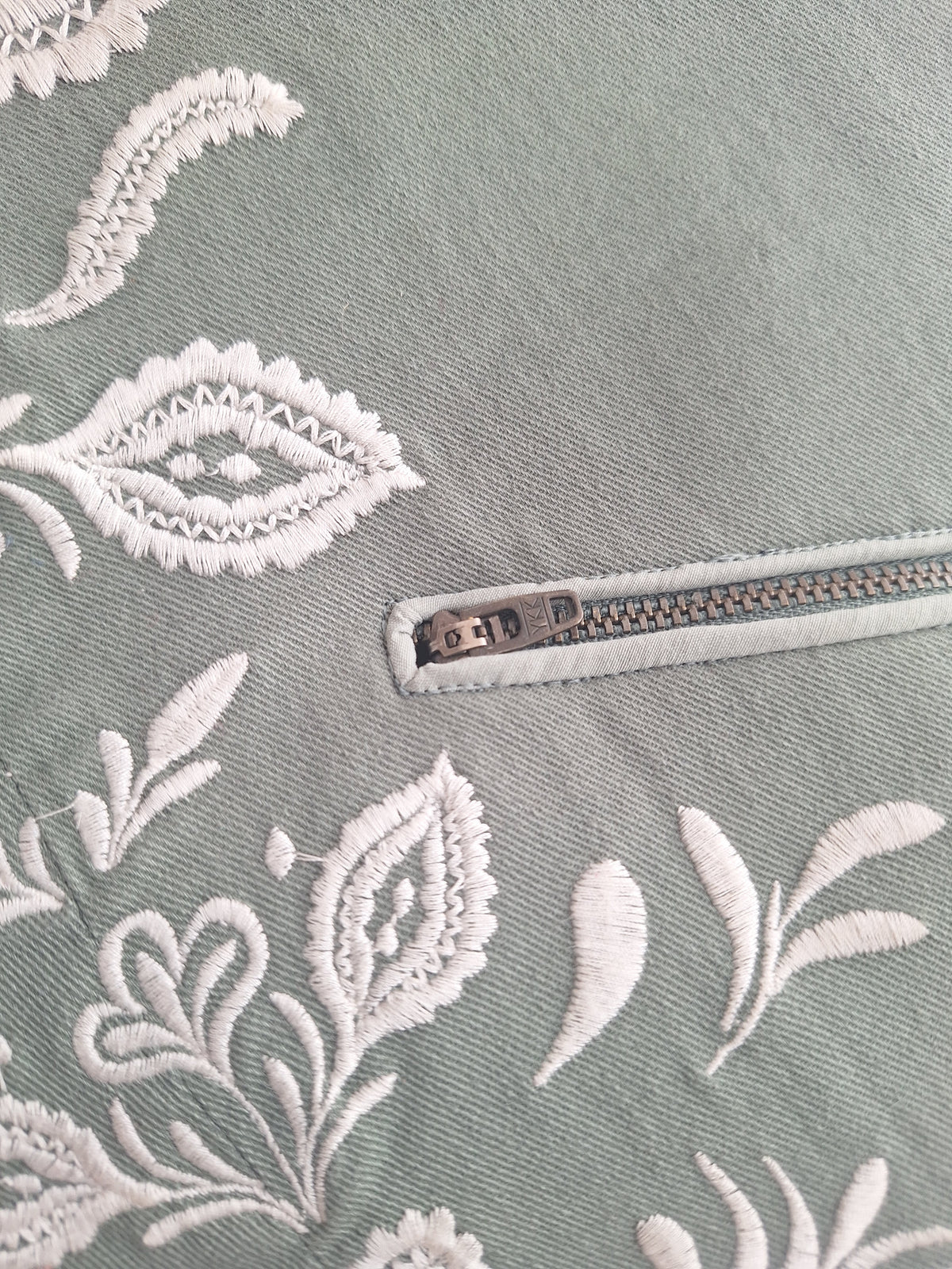 Green & blue embroidered denim tote bag