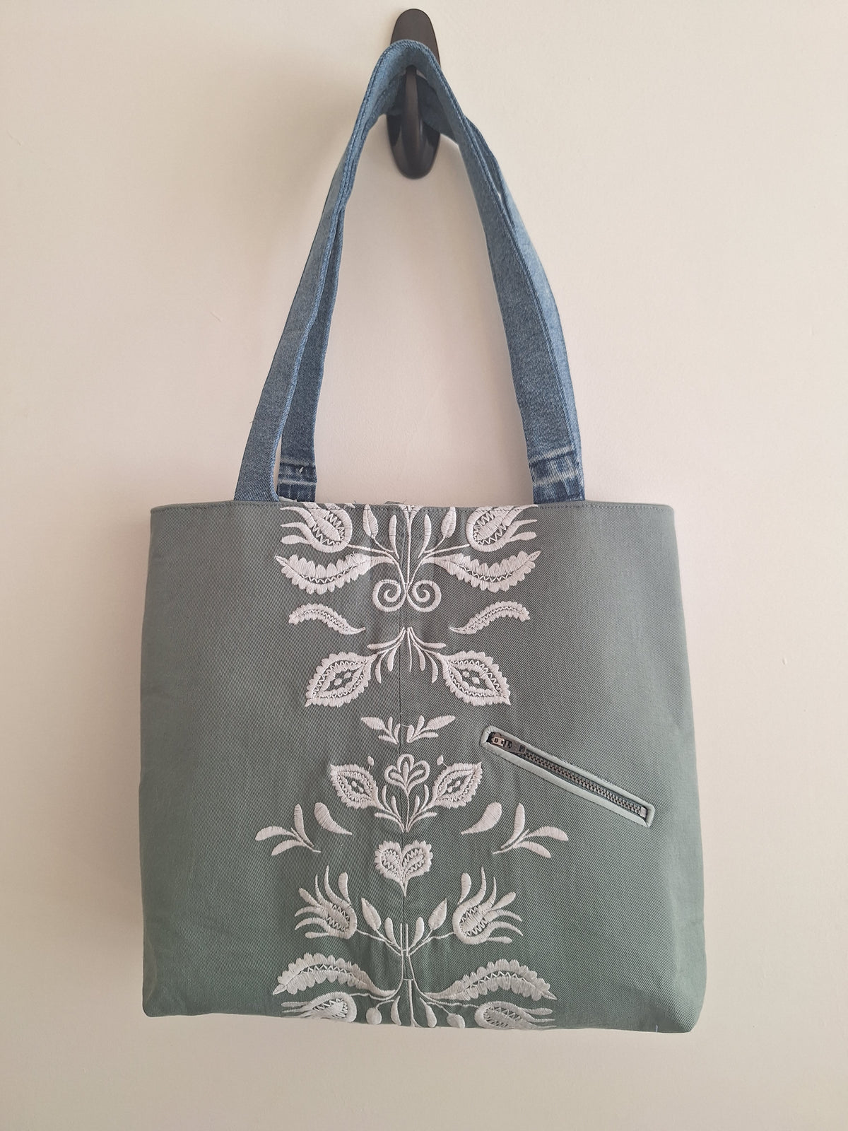 Green & blue embroidered denim tote bag