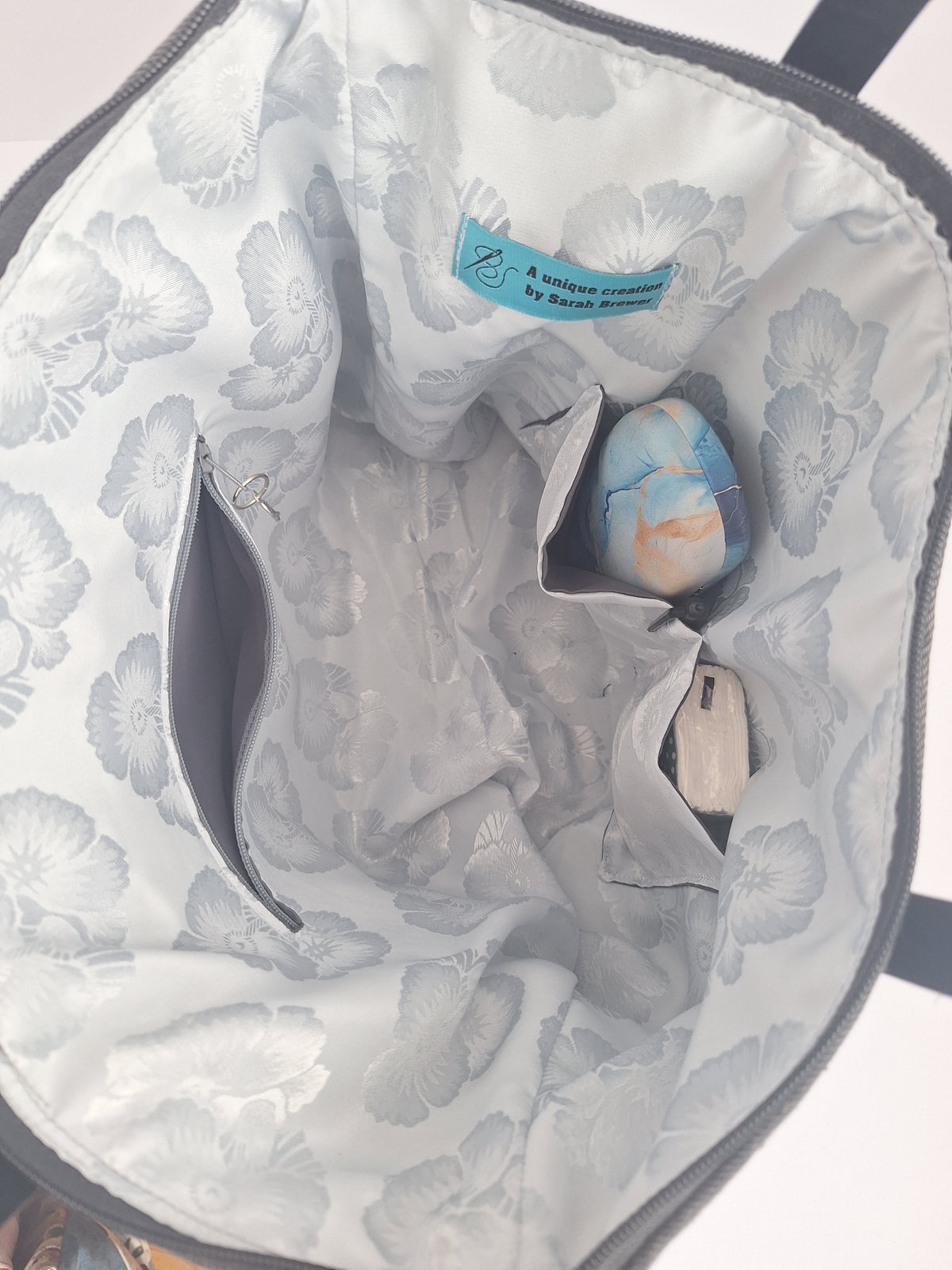 Grey denim zip top tote
