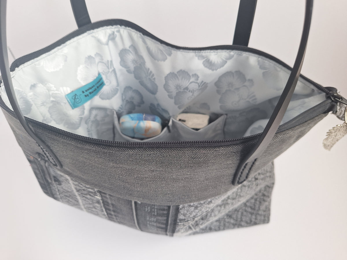 Grey denim zip top tote
