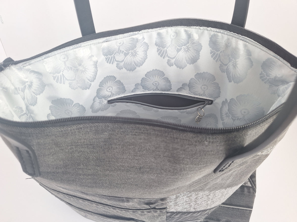Grey denim zip top tote