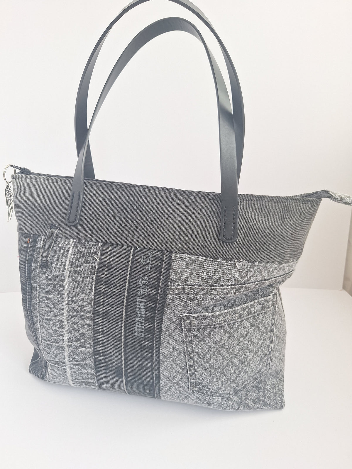 Grey denim zip top tote
