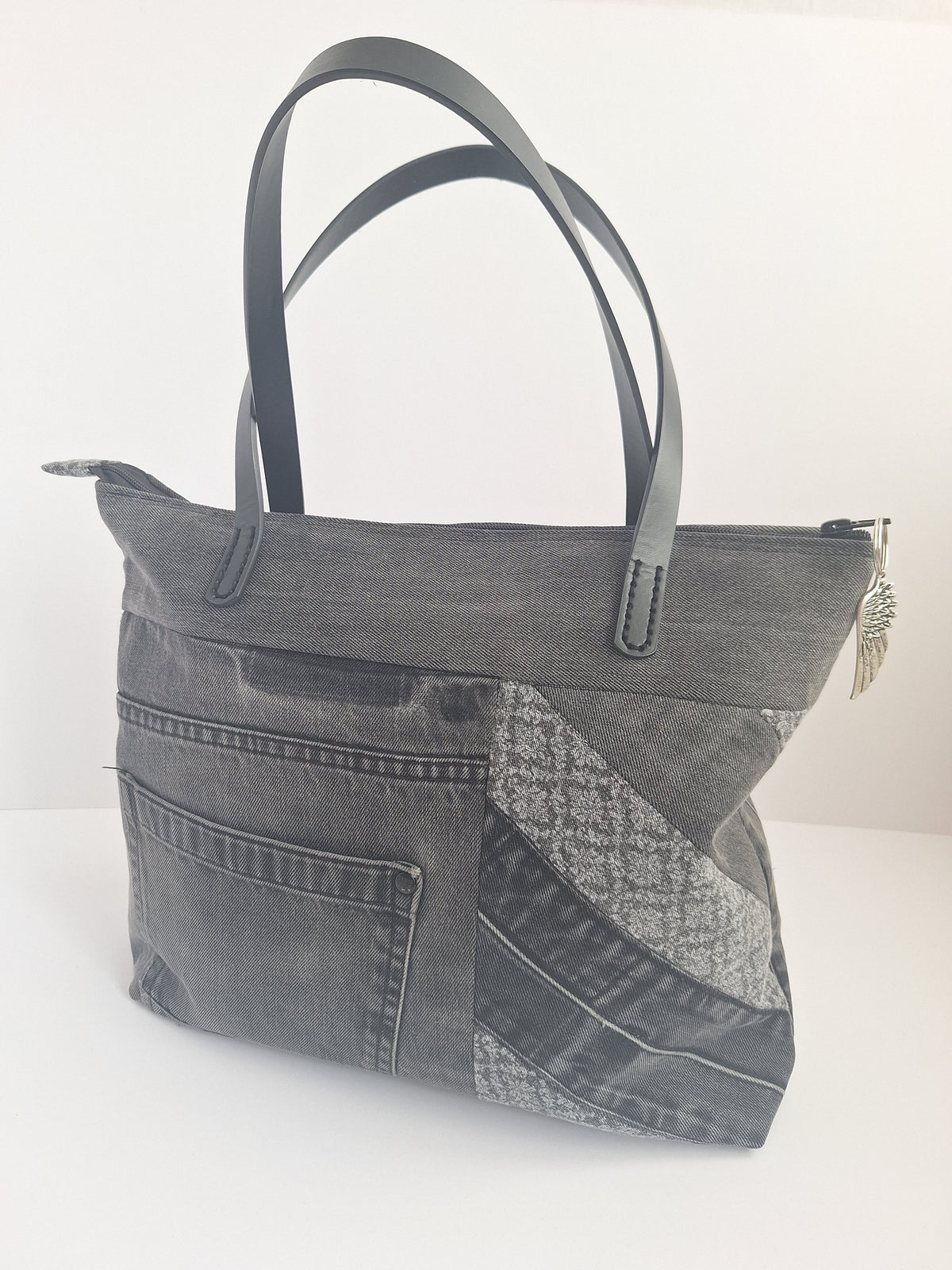 Grey denim zip top tote
