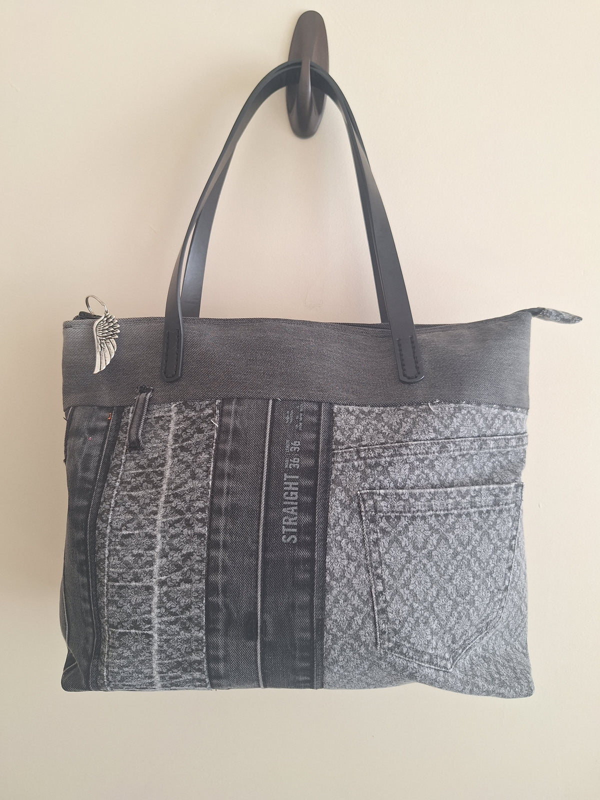 Grey denim zip top tote