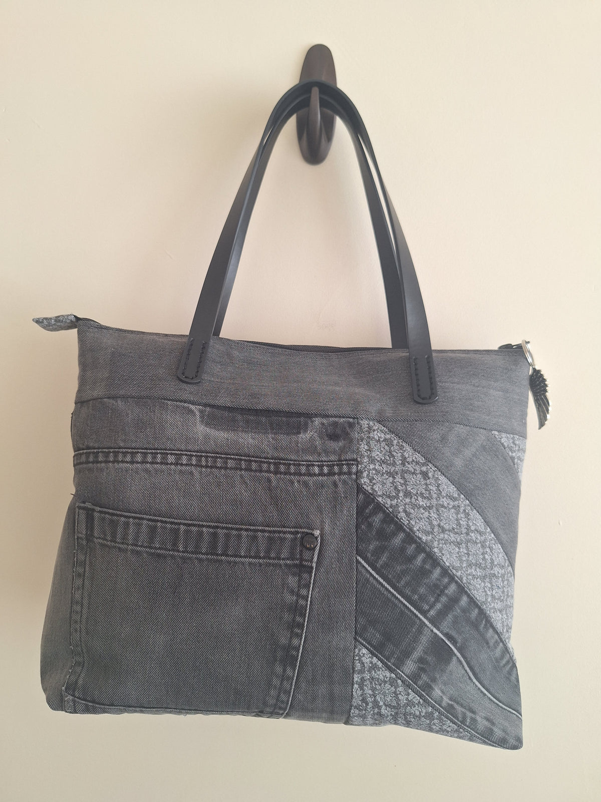 Grey denim zip top tote