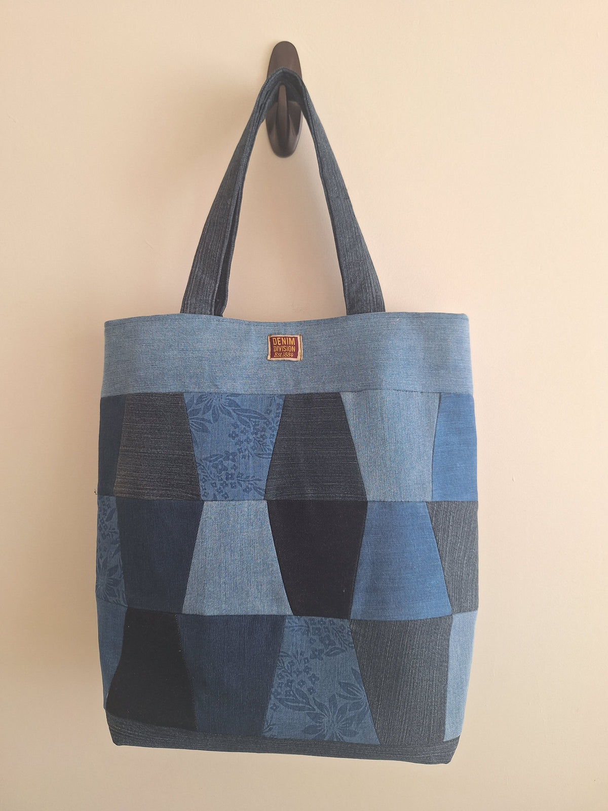 Blue denim patchwork tote