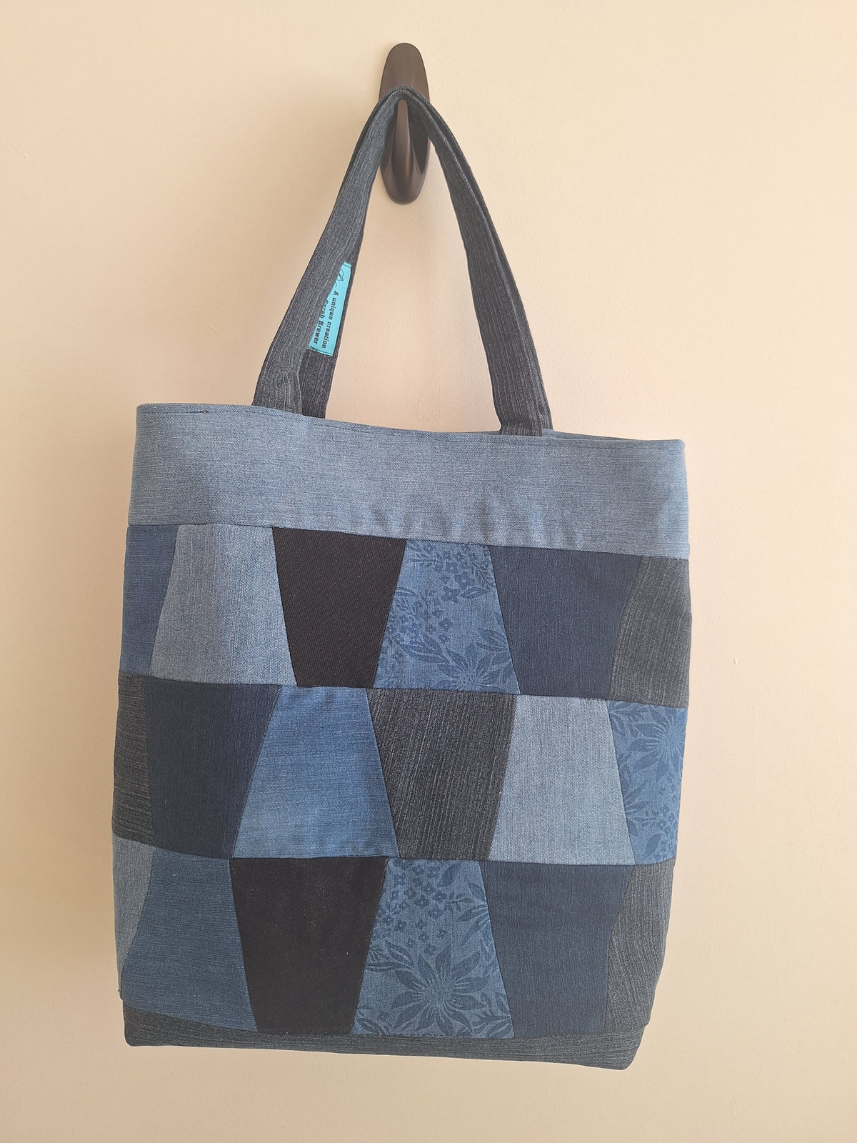Blue denim patchwork tote