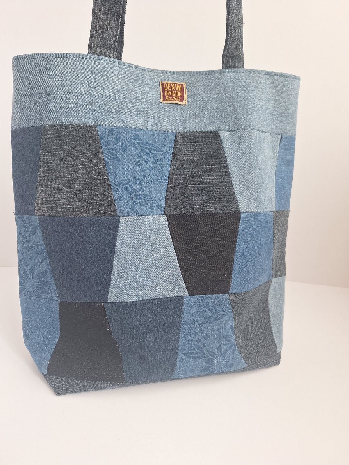 Blue denim patchwork tote