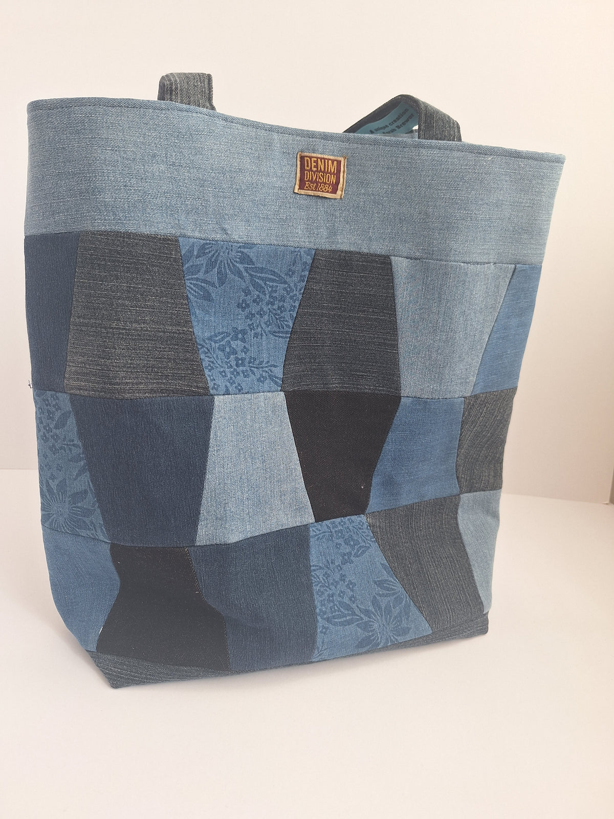 Blue denim patchwork tote