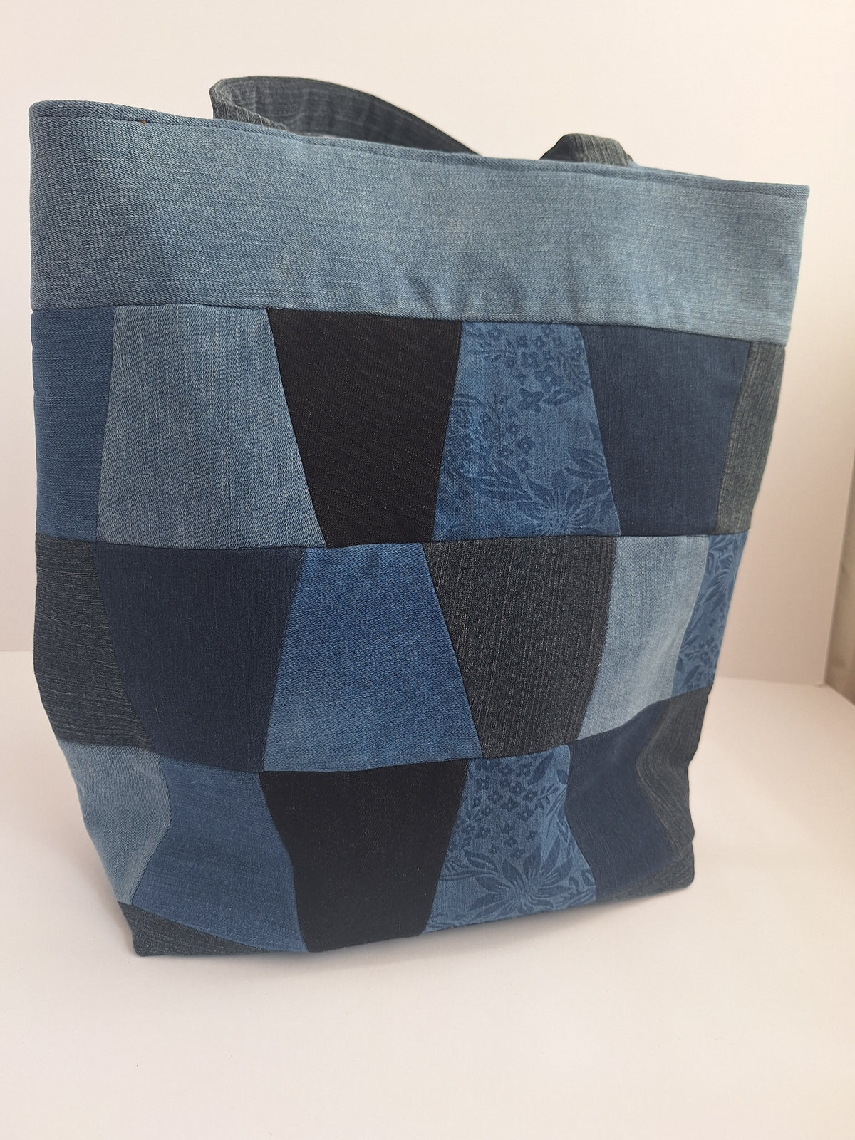 Blue denim patchwork tote
