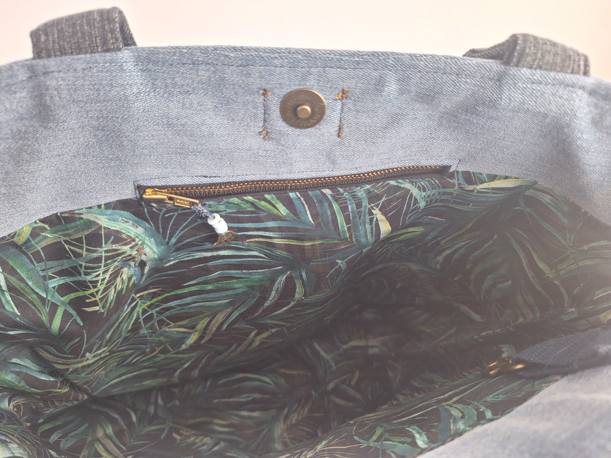 Blue denim patchwork tote
