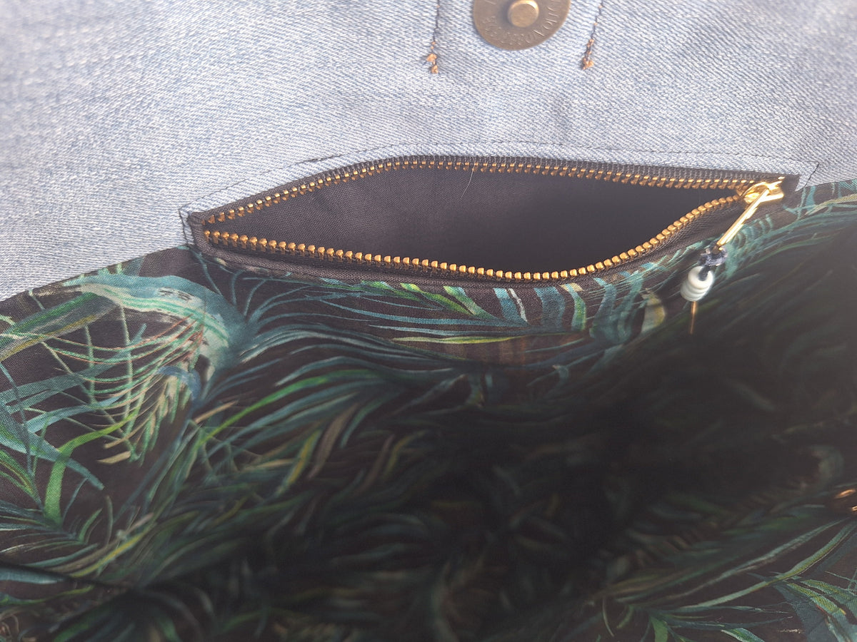 Blue denim patchwork tote