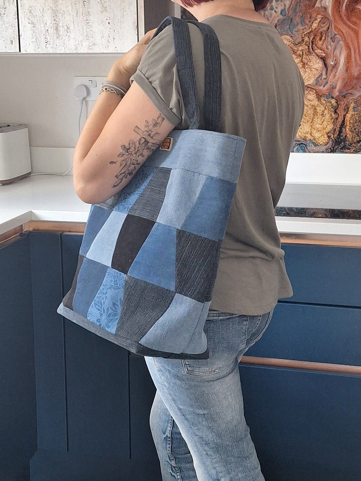 Blue denim patchwork tote