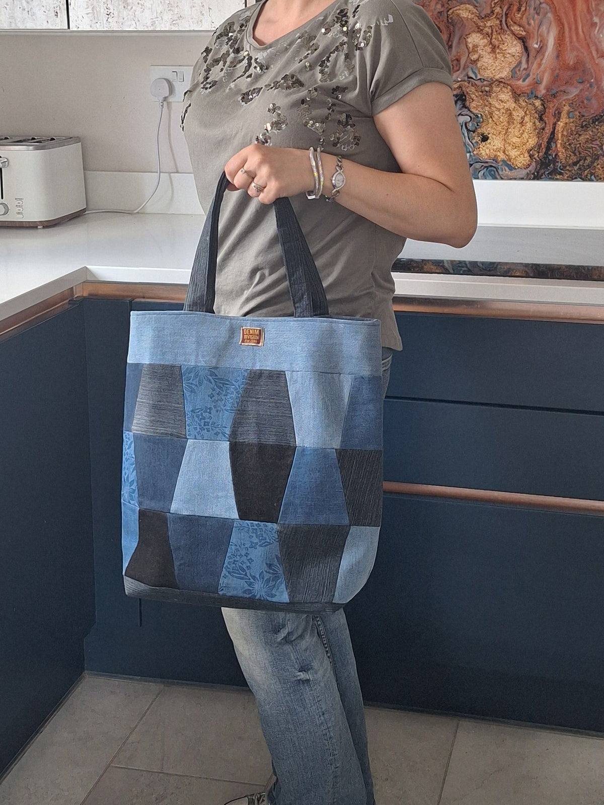 Blue denim patchwork tote