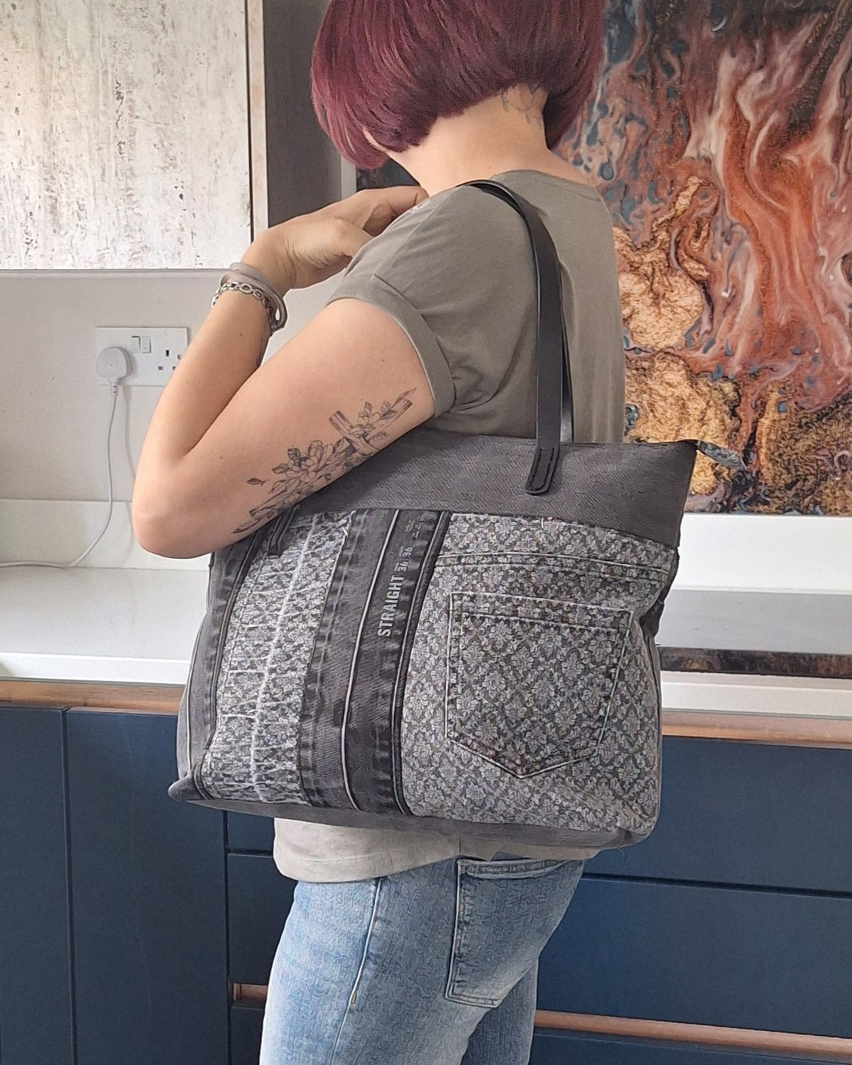 Grey denim zip top tote