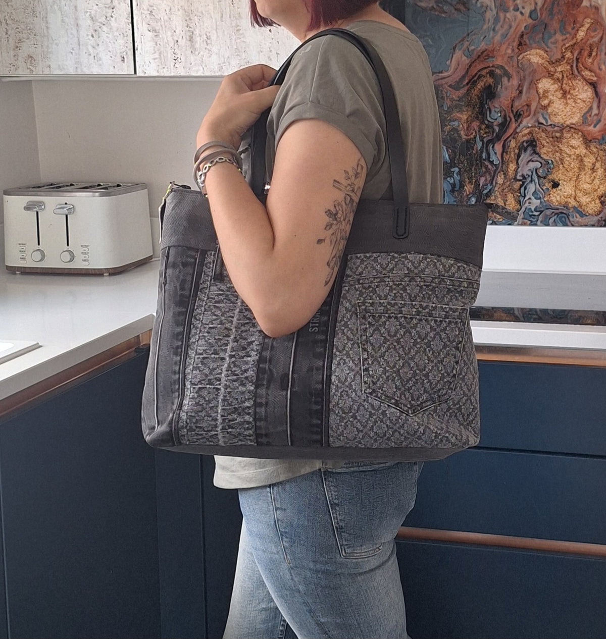 Grey denim zip top tote
